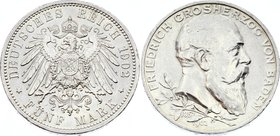 Germany - Empire Baden 5 Mark 1902 G Lorbeerzweig
Jaeger# 31; Silver, Mintage 50000; AUNC-; Deutsches Kaiserreich Baden Baden 5 Mark 1902