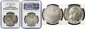 Germany - Empire Baden 5 Mark 1902 NGC MS62
KM# 273; Jaeger# 31; SIlver; 50th Anniversary of the Reign of Duke Friedrich I