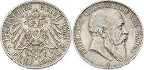Germany - Empire Baden 5 Mark 1903 G
Jaeger# 33; Silver, Mintage 440000; VF+; Deutsches Kaiserreich Baden Baden 5 Mark 1903