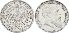 Germany - Empire Baden 5 Mark 1904 G
Jaeger# 33; Silver, Mintage 240000; XF; Deutsches Kaiserreich Baden Baden 5 Mark 1904