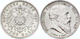 Germany - Empire Baden 5 Mark 1907 G Death of Friedrich I
Jaeger# 37; Silver, Mintage 60000; AUNC; Deutsches Kaiserreich Baden Baden 5 Mark 1907