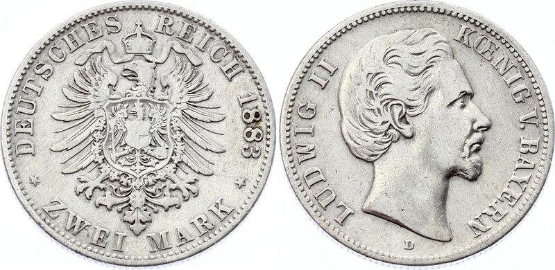 Germany - Empire Bavaria 2 Mark 1883 D
Jaeger# 41; Silver, Mintage 100000; VF+;...