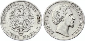 Germany - Empire Bavaria 2 Mark 1883 D
Jaeger# 41; Silver, Mintage 100000; VF+; Deutsches Kaiserreich Bayern Bavaria 2 Mark 1883