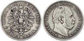 Germany - Empire Prussia 2 Mark 1883 A
Jaeger# 96; Silver, Mintage 160000; VF; Deutsches Kaiserreich Preussen Prussia 2 Mark 1883