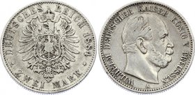 Germany - Empire Prussia 2 Mark 1884 A
Jaeger# 96; Silver, Mintage 140000; VF; Deutsches Kaiserreich Preussen Prussia 2 Mark 1884