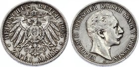 Germany - Empire Prussia 2 Mark 1905 A
Jaeger# 102; Silver, Mintage 6490000; VF+; Deutsches Kaiserreich Preussen Prussia 2 Mark 1905