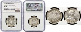 Germany - Empire Prussia 2 Mark 1913 A - Berlin NGC MS65
KM# 533; J# 111; Silver; 25th Anniversary of the Reign of King Wilhelm II