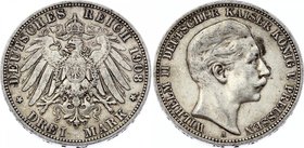 Germany - Empire Prussia 3 Mark 1908 A
Jaeger# 103; Silver, Mintage 2680000; VF+; Deutsches Kaiserreich Preussen Prussia 3 Mark 1908