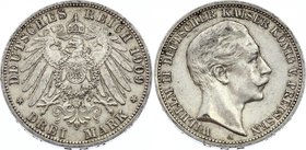 Germany - Empire Prussia 3 Mark 1909 A
Jaeger# 103; Silver, Mintage 6340000; XF; Deutsches Kaiserreich Preussen Prussia 3 Mark 1909