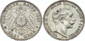 Germany - Empire Prussia 3 Mark 1911 A
Jaeger# 103; Silver, Mintage 3240000; XF; Deutsches Kaiserreich Preussen Prussia 3 Mark 1911