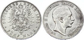 Germany - Empire Prussia 5 Mark 1888 A Willhelm II
Jaeger# 101; Silver, Mintage 56000; VF+; Deutsches Kaiserreich Preussen Prussia 5 Mark 1888