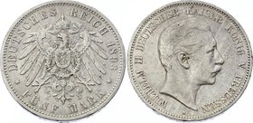 Germany - Empire Prussia 5 Mark 1893 A
Jaeger# 104; Silver, Mintage 220000; VF; Deutsches Kaiserreich Preussen Prussia 5 Mark 1893