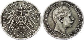 Germany - Empire Prussia 5 Mark 1894 A
Jaeger# 104; Silver, Mintage 440000; VF; Deutsches Kaiserreich Preussen Prussia 5 Mark 1894