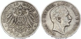 Germany - Empire Prussia 5 Mark 1896 A
Jaeger# 104; Silver, Mintage 46000; VF; Deutsches Kaiserreich Preussen Prussia 5 Mark 1896