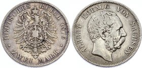 Germany - Empire Sachsen Albertine 2 Mark 1876 E
Jaeger# 121; Silver, Mintage 1610000; VF; Deutsches Kaiserreich Sachsen Saxony Albertine 2 Mark 1876