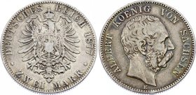 Germany - Empire Sachsen Albertine 2 Mark 1877 E
Jaeger# 121; Silver, Mintage 800000; VF; Deutsches Kaiserreich Sachsen Saxony Albertine 2 Mark 1877