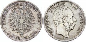 Germany - Empire Sachsen Albertine 2 Mark 1880 E
Jaeger# 121; Silver, Mintage 58000; aVF; Deutsches Kaiserreich Sachsen Albertine 2 Mark 1880
