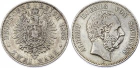 Germany - Empire Sachsen Albertine 2 Mark 1883 E
Jaeger# 121; Silver, Mintage 56000; VF-XF; Deutsches Kaiserreich Sachsen Saxony Albertine 2 Mark 188...