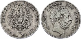 Germany - Empire Sachsen Albertine 2 Mark 1888 E
Jaeger# 121; Silver, Mintage 91000; VF; Deutsches Kaiserreich Sachsen Saxony Albertine 2 Mark 1888
