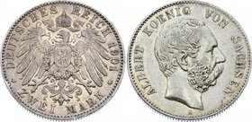 Germany - Empire Sachsen Albertine 2 Mark 1901 E
Jaeger# 124; Silver, Mintage 440000; XF; Deutsches Kaiserreich Sachsen Saxony Albertine 2 Mark 1901