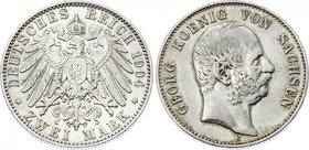 Germany - Empire Sachsen Albertine 2 Mark 1904 E
Jaeger# 129; Silver, Mintage 1270000; XF; Deutsches Kaiserreich Sachsen Saxony Albertine 2 Mark 1904