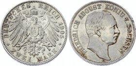Germany - Empire Sachsen Albertine 2 Mark 1905 E
Jaeger# 134; Silver, Mintage 560000; XF+; Deutsches Kaiserreich Sachsen Saxony Albertine 2 Mark 1905