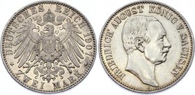 Germany - Empire Sachsen Albertine 2 Mark 1907 E
Jaeger# 134; Silver, Mintage 1120000; XF++; Deutsches Kaiserreich Sachsen Saxony Albertine 2 Mark 19...