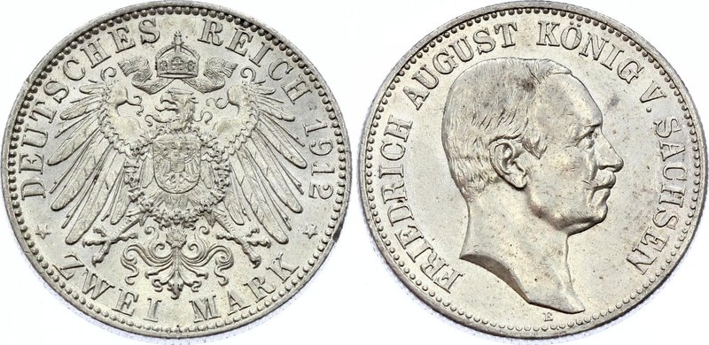 Germany - Empire Sachsen Albertine 2 Mark 1912 E
Jaeger# 134; Silver, Mintage 1...