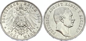 Germany - Empire Sachsen Albertine 3 Mark 1908 E
Jaeger# 135; Silver, Mintage 280000; XF-AU; Deutsches Kaiserreich Sachsen Saxony Albertine 3 Mark 19...