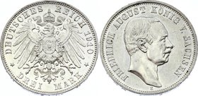 Germany - Empire Sachsen Albertine 3 Mark 1910 E
Jaeger# 135; Silver, Mintage 750000; AUNC; Deutsches Kaiserreich Sachsen Saxony Albertine 3 Mark 191...