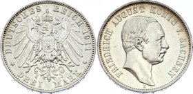 Germany - Empire Sachsen Albertine 3 Mark 1911 E
Jaeger# 135; Silver, Mintage 580000; XF-AU; Deutsches Kaiserreich Sachsen Saxony Albertine 3 Mark 19...