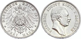 Germany - Empire Sachsen Albertine 3 Mark 1913 E
Jaeger# 135; Silver, Mintage 310000; AUNC; Deutsches Kaiserreich Sachsen Saxony Albertine 3 Mark 191...