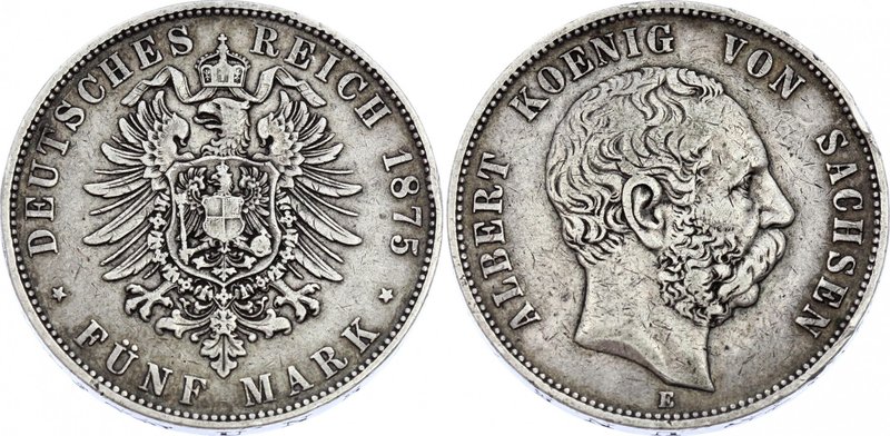 Germany - Empire Sachsen Albertine 5 Mark 1875 E
Jaeger# 122; Silver, Mintage 4...