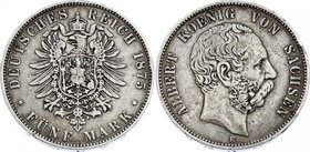 Germany - Empire Sachsen Albertine 5 Mark 1875 E
Jaeger# 122; Silver, Mintage 490000; VF; Deutsches Kaiserreich Sachsen Saxony Albertine 5 Mark 1875