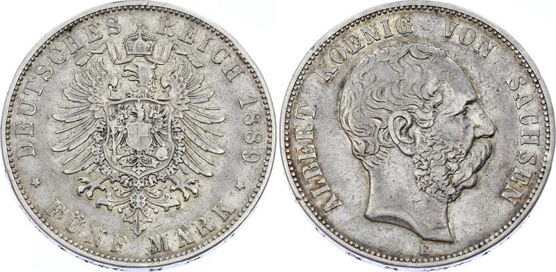 Germany - Empire Sachsen Albertine 5 Mark 1889 E
Jaeger# 122; Silver, Mintage 3...