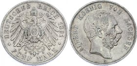 Germany - Empire Sachsen Albertine 5 Mark 1891 E
Jaeger# 125; Silver, Mintage 62000; VF+; Deutsches Kaiserreich Sachsen Saxony Albertine 5 Mark 1891