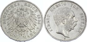 Germany - Empire Sachsen Albertine 5 Mark 1895 E
Jaeger# 125; Silver, Mintage 89000; XF; Deutsches Kaiserreich Sachsen Saxony Albertine 5 Mark 1895