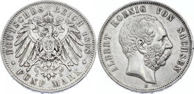 Germany - Empire Sachsen Albertine 5 Mark 1898 E
Jaeger# 125; Silver, Mintage 160000; VF+; Deutsches Kaiserreich Sachsen Saxony Albertine 5 Mark 1898
