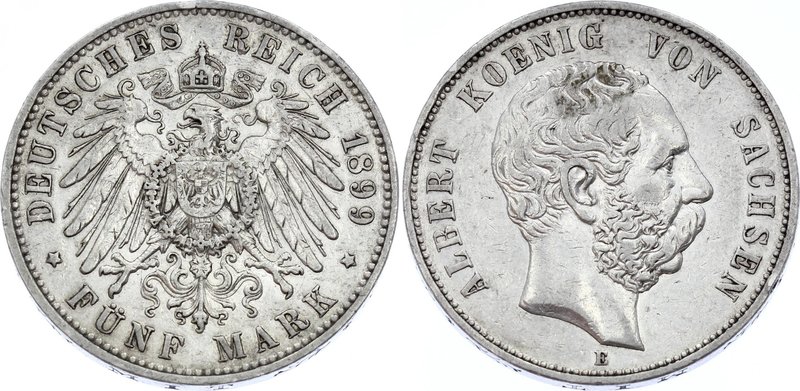 Germany - Empire Sachsen Albertine 5 Mark 1899 E
Jaeger# 125; Silver, Mintage 7...