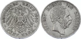 Germany - Empire Sachsen Albertine 5 Mark 1900 E
Jaeger# 125; Silver, Mintage 160000; VF+; Deutsches Kaiserreich Sachsen Saxony Albertine 5 Mark 1900