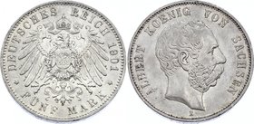 Germany - Empire Sachsen Albertine 5 Mark 1901 E
Jaeger# 125; Silver, Mintage 160000; XF+; Deutsches Kaiserreich Sachsen Saxony Albertine 5 Mark 1901