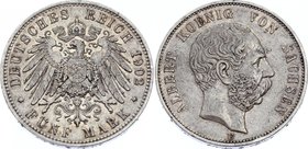 Germany - Empire Sachsen Albertine 5 Mark 1902 E
Jaeger# 125; Silver, Mintage 170000; aXF; Deutsches Kaiserreich Sachsen Saxony Albertine 5 Mark 1902