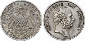 Germany - Empire Sachsen Albertine 5 Mark 1904 E
Jaeger# 130; Silver, Mintage 290000; VF-XF; Deutsches Kaiserreich Sachsen Saxony Albertine 5 Mark 19...