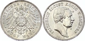Germany - Empire Sachsen Albertine 5 Mark 1914 E
Jaeger# 136; Silver, Mintage 300000; AUNC+; Deutsches Kaiserreich Sachsen Saxony Albertine 5 Mark 19...