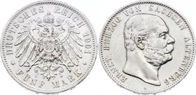 Germany - Empire Sachsen Altenburg 5 Mark 1901 A Ernst's 75th Birthday
Jaeger# 143; Silver, Mintage 20000; aXF; Deutsches Kaiserreich Sachsen Altenbu...