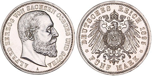 Germany - Empire Sachsen Coburg Gotha 5 Mark 1895 A GENI PR 99
KM# 160; Jaeger#...