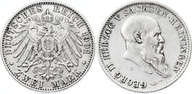 Germany - Empire Sachsen Meiningen 2 Mark 1901 D
Jaeger# 149; Silver, Mintage 20000; VF+; Deutsches Kaiserreich Sachsen Meiningen Saxe-Meiningen 2 Ma...