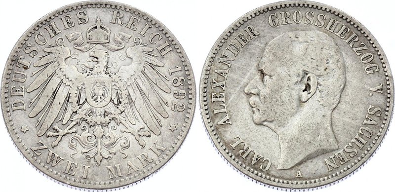 Germany - Empire Sachsen Weimar-Eisenach 2 Mark 1892 A
Jaeger# 156; Silver, Min...