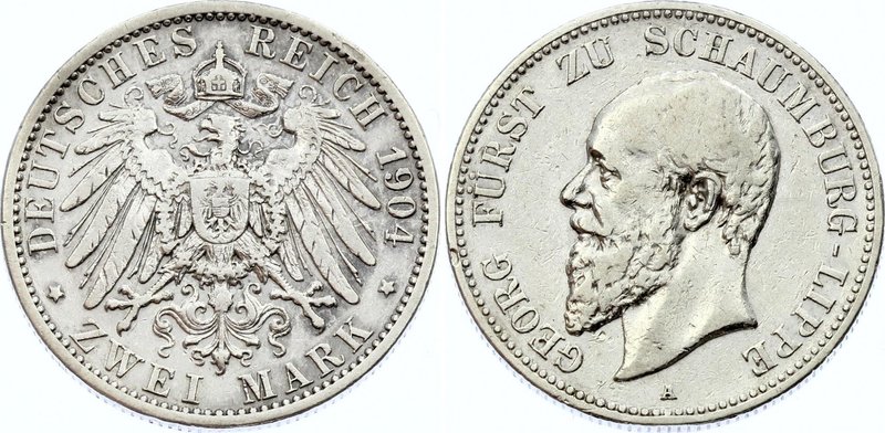 Germany - Empire Schaumburg Lippe 2 Mark 1904 A
Jaeger# 194; Silver, Mintage 50...