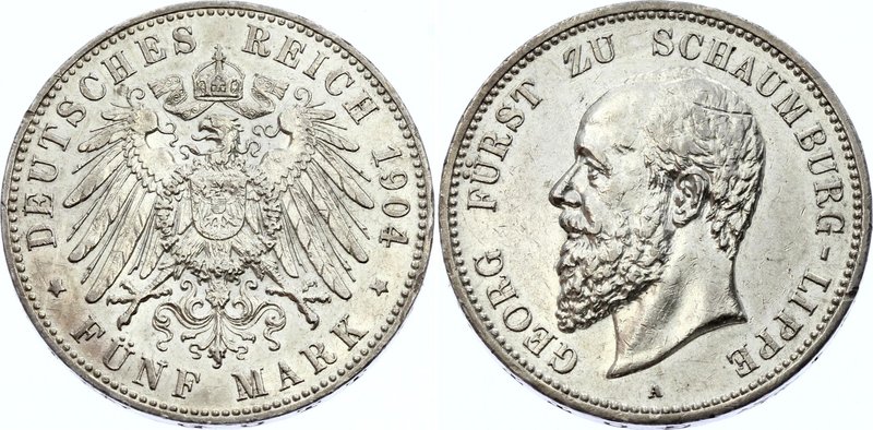 Germany - Empire Schaumburg Lippe 5 Mark 1904 A
Jaeger# 165; Silver, Mintage 30...